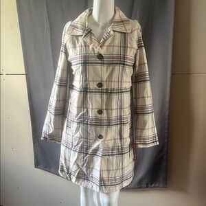 Merona Cream and Black Trench Coat with Plaid Design